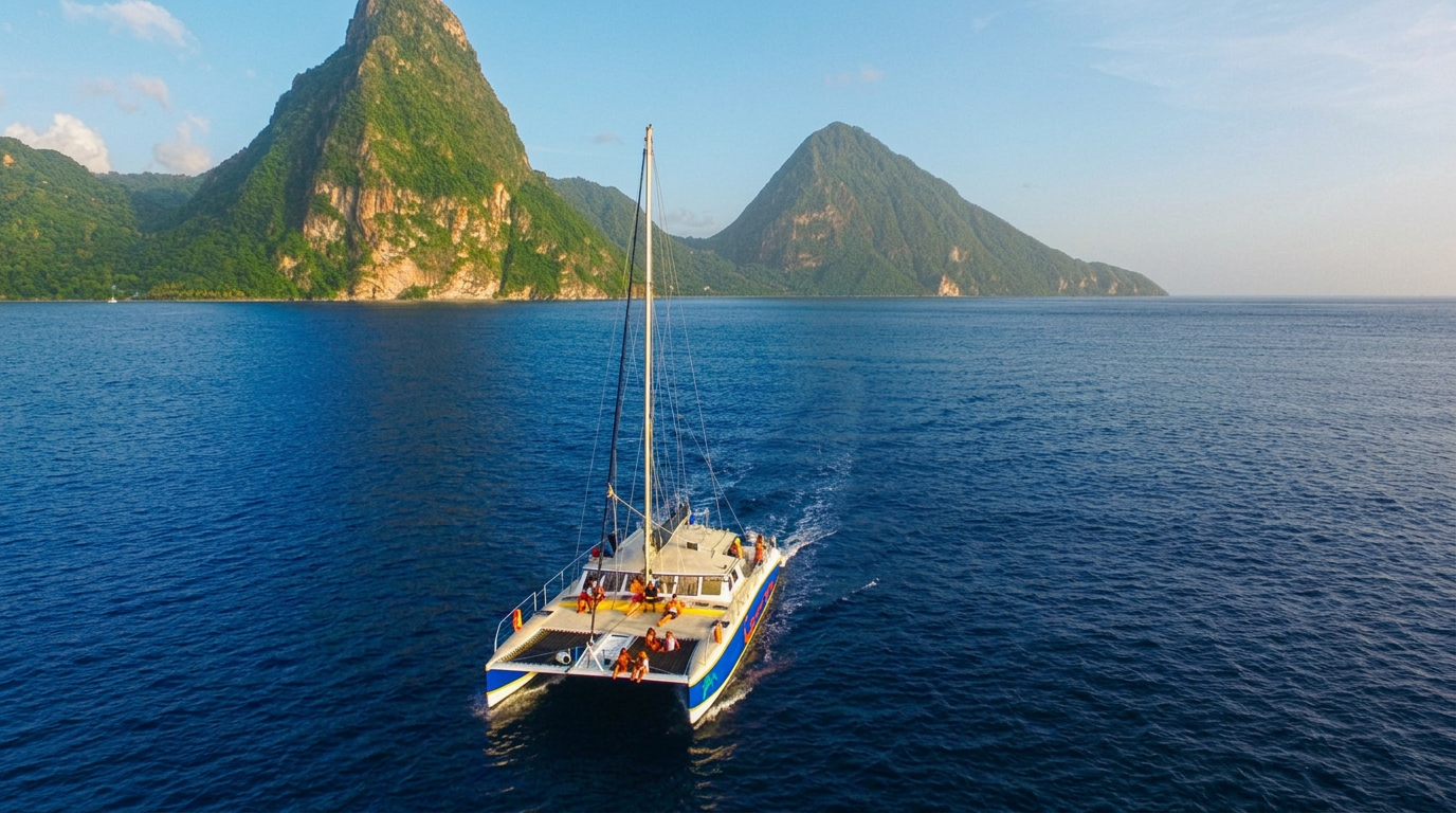 Catamaran sailing beneath the Pitons