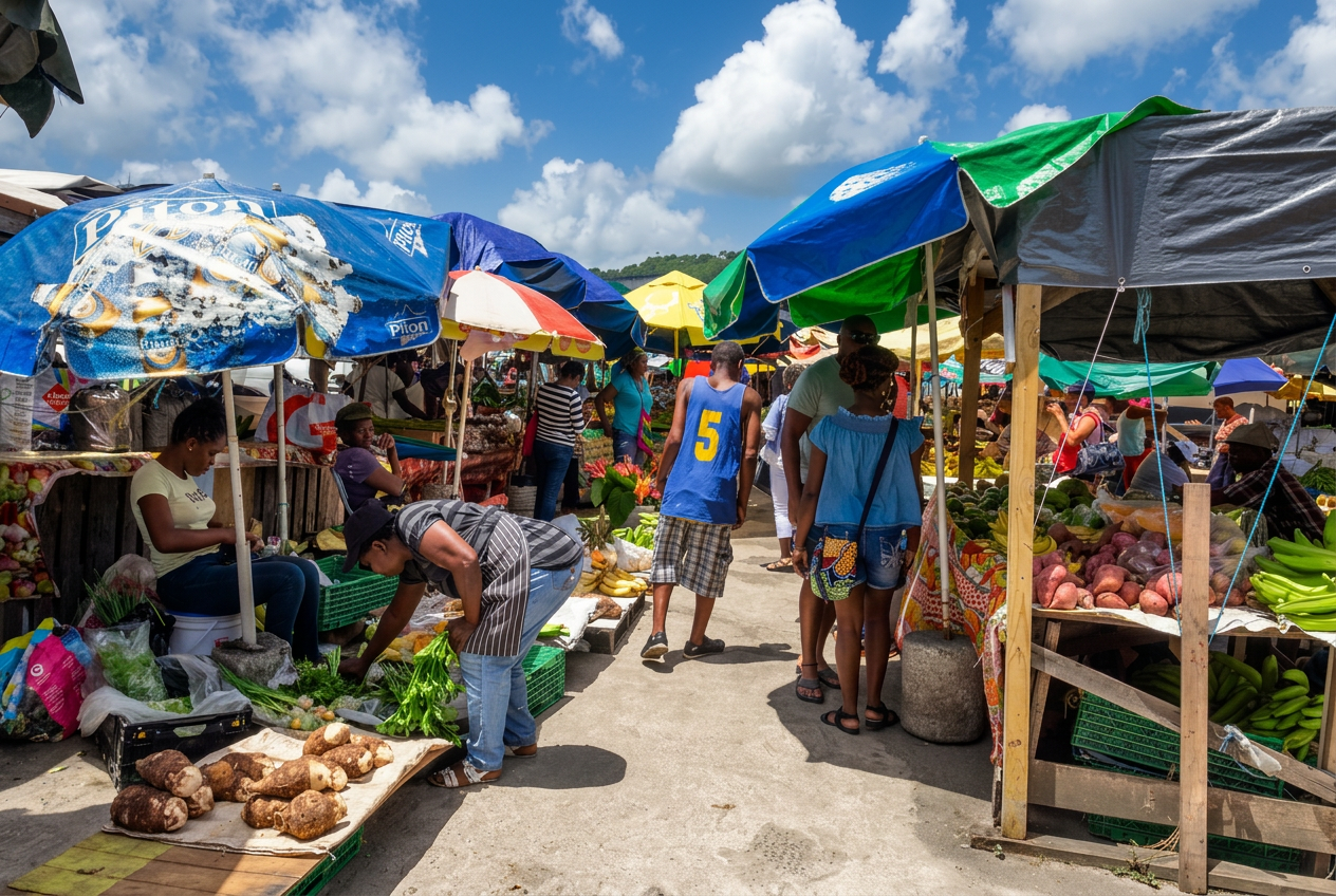 Saturday market with produce and umbrellas
