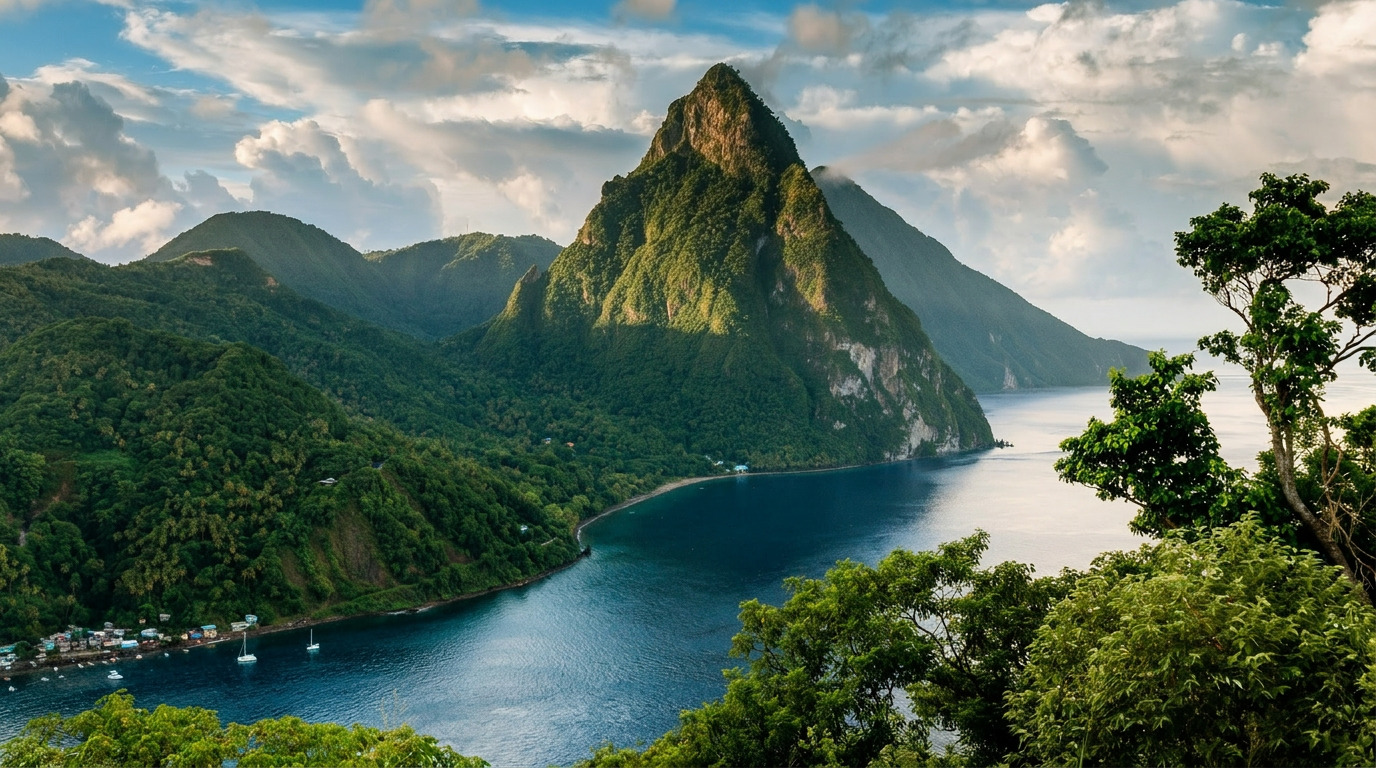 The Pitons rising over Soufrière Bay